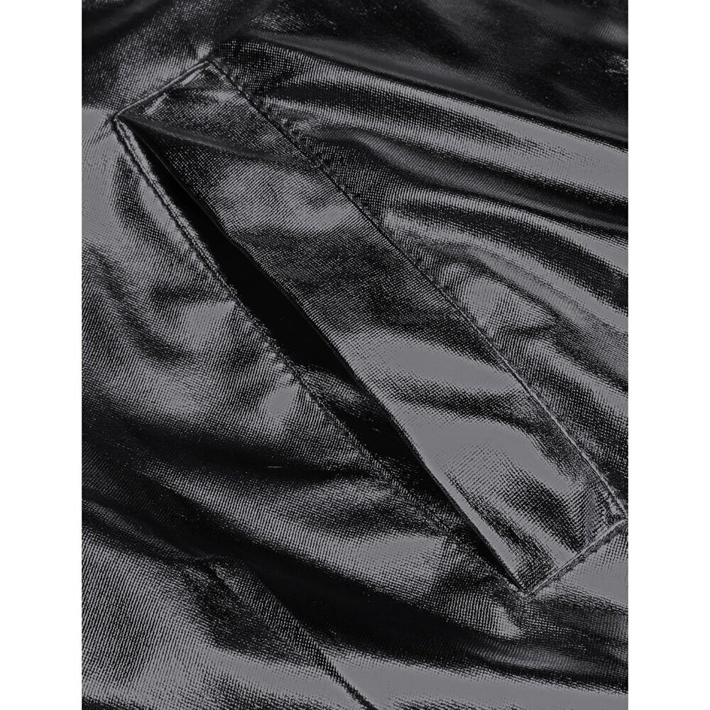 Men's Black Shiny Fabric Varsity Bomber Jacket Metallic Style Zipper Shirts - Picture 5 of 5